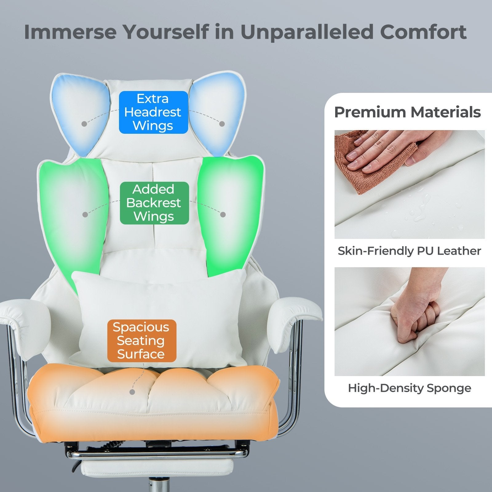 Adjustable Swivel Office Chair with Reclining Backrest and Retractable Footrest, White Ergonomic Chairs   at Gallery Canada