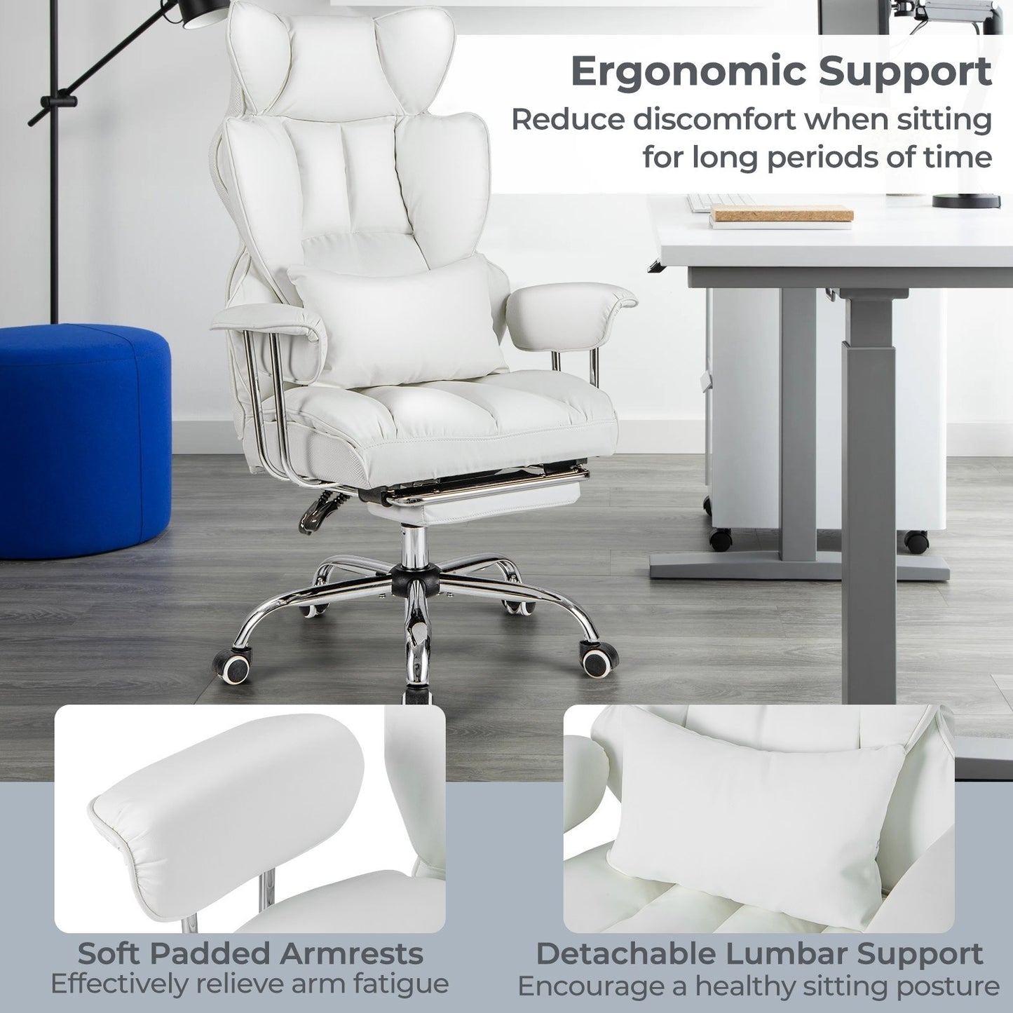 Adjustable Swivel Office Chair with Reclining Backrest and Retractable Footrest, White Ergonomic Chairs   at Gallery Canada