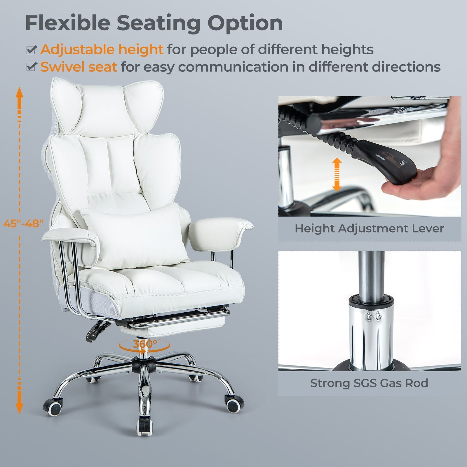 Adjustable Swivel Office Chair with Reclining Backrest and Retractable Footrest, White Ergonomic Chairs   at Gallery Canada