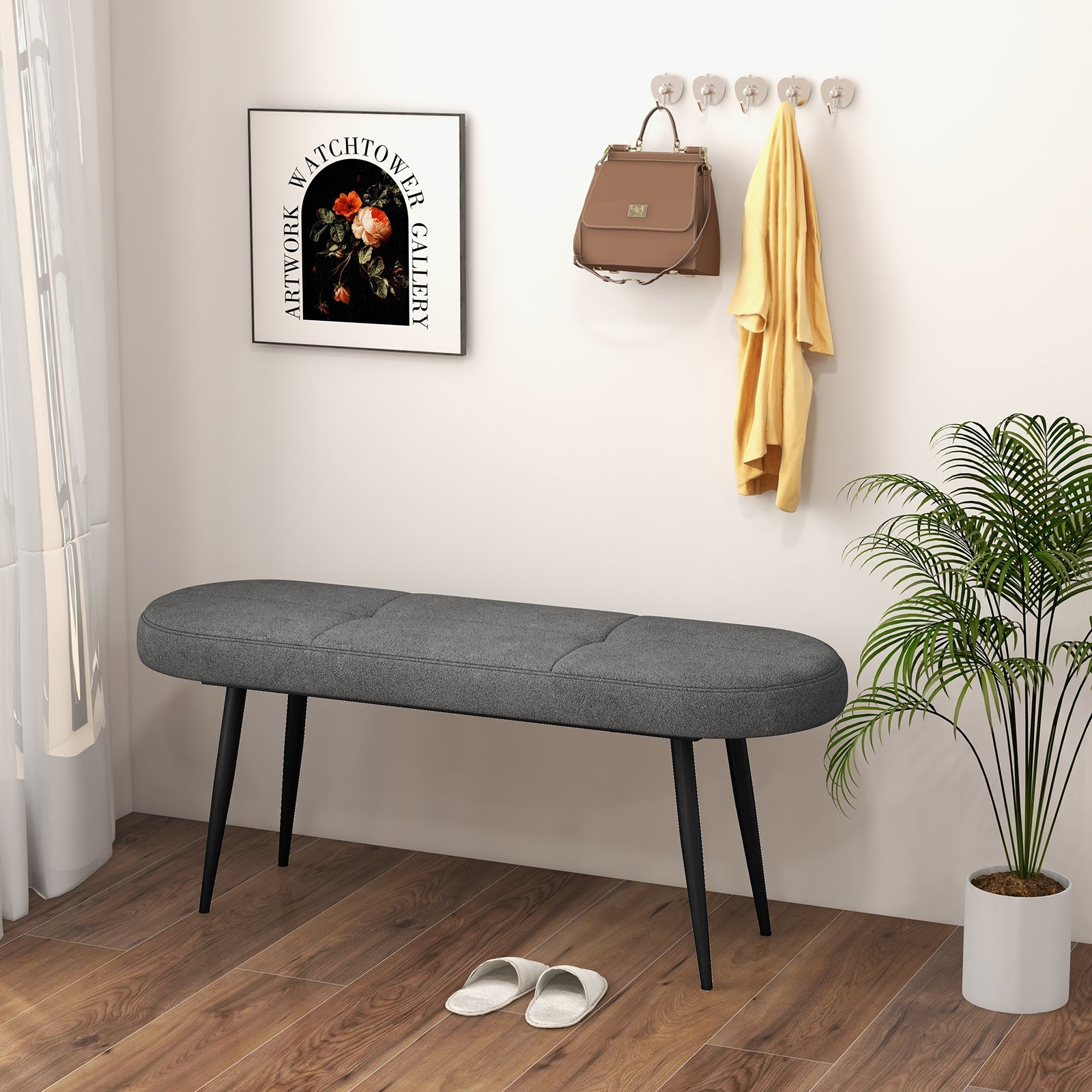 47 Inch Upholstered Entryway Bench with Heavy-duty Metal Frame, Gray Shoe Racks & Storage Benches at Gallery Canada
