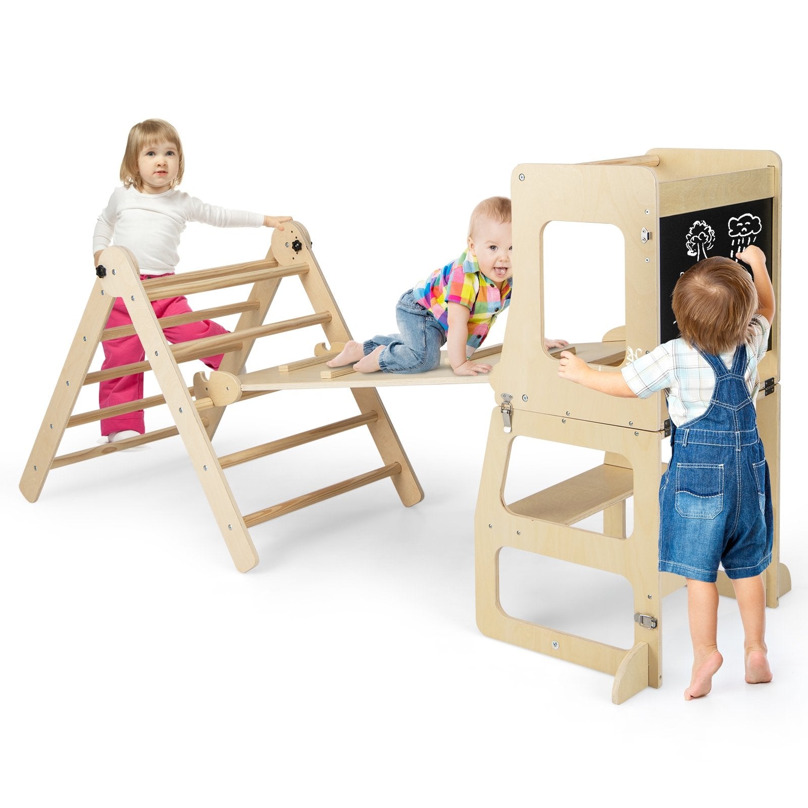 7-in-1 Toddler Climbing Toy Connected Table and Chair Set for Boys and Girls Aged 3-14 Years Old, Natural Climbers & Slides   at Gallery Canada