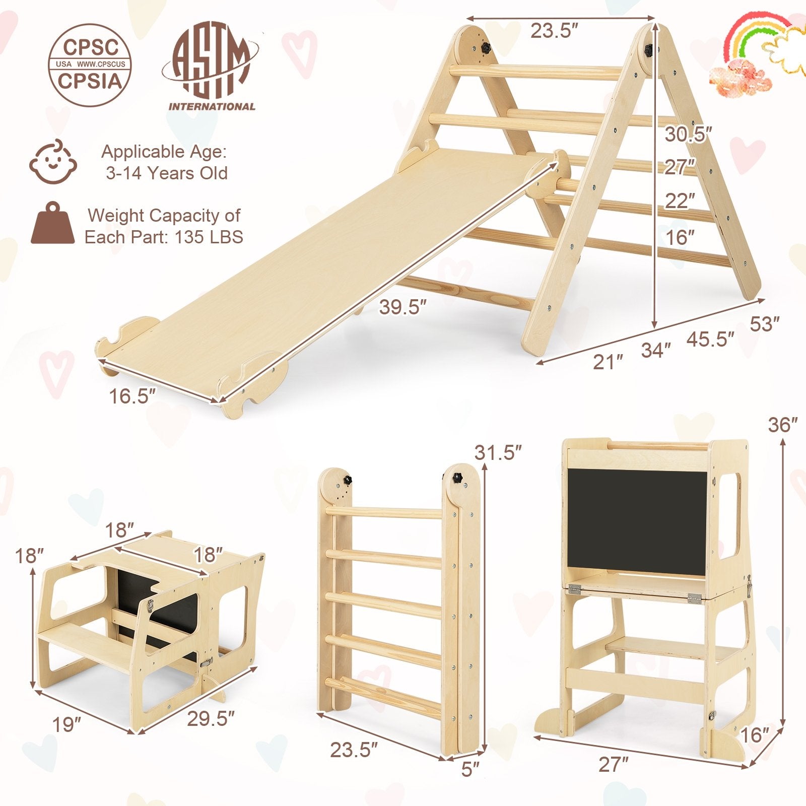 7-in-1 Toddler Climbing Toy Connected Table and Chair Set for Boys and Girls Aged 3-14 Years Old, Natural Climbers & Slides   at Gallery Canada