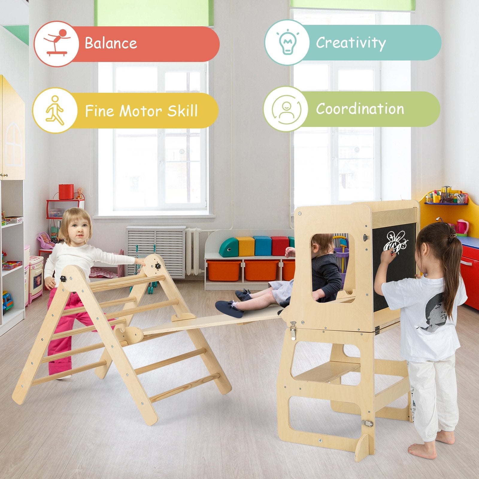 7-in-1 Toddler Climbing Toy Connected Table and Chair Set for Boys and Girls Aged 3-14 Years Old, Natural Climbers & Slides   at Gallery Canada