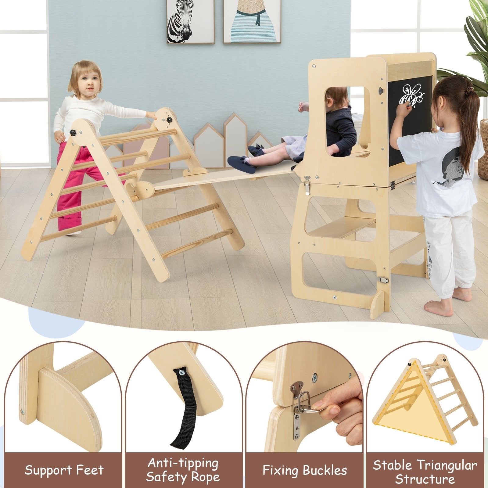 7-in-1 Toddler Climbing Toy Connected Table and Chair Set for Boys and Girls Aged 3-14 Years Old, Natural Climbers & Slides   at Gallery Canada