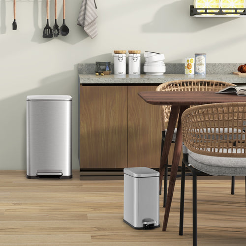10.5 Gal and 1.6 Gal Step Trash Can Combo Set with Detachable Inner Buckets, Silver