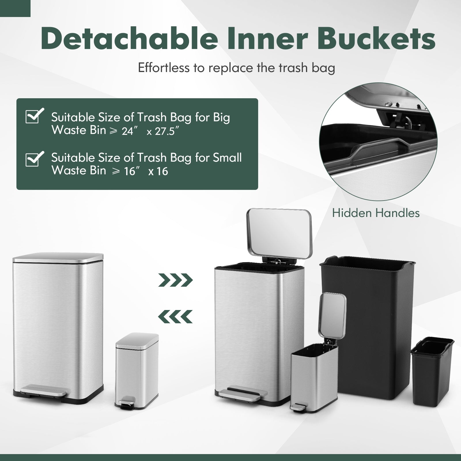 10.5 Gal and 1.6 Gal Step Trash Can Combo Set with Detachable Inner Buckets, Silver Kitchen Utensils at Gallery Canada