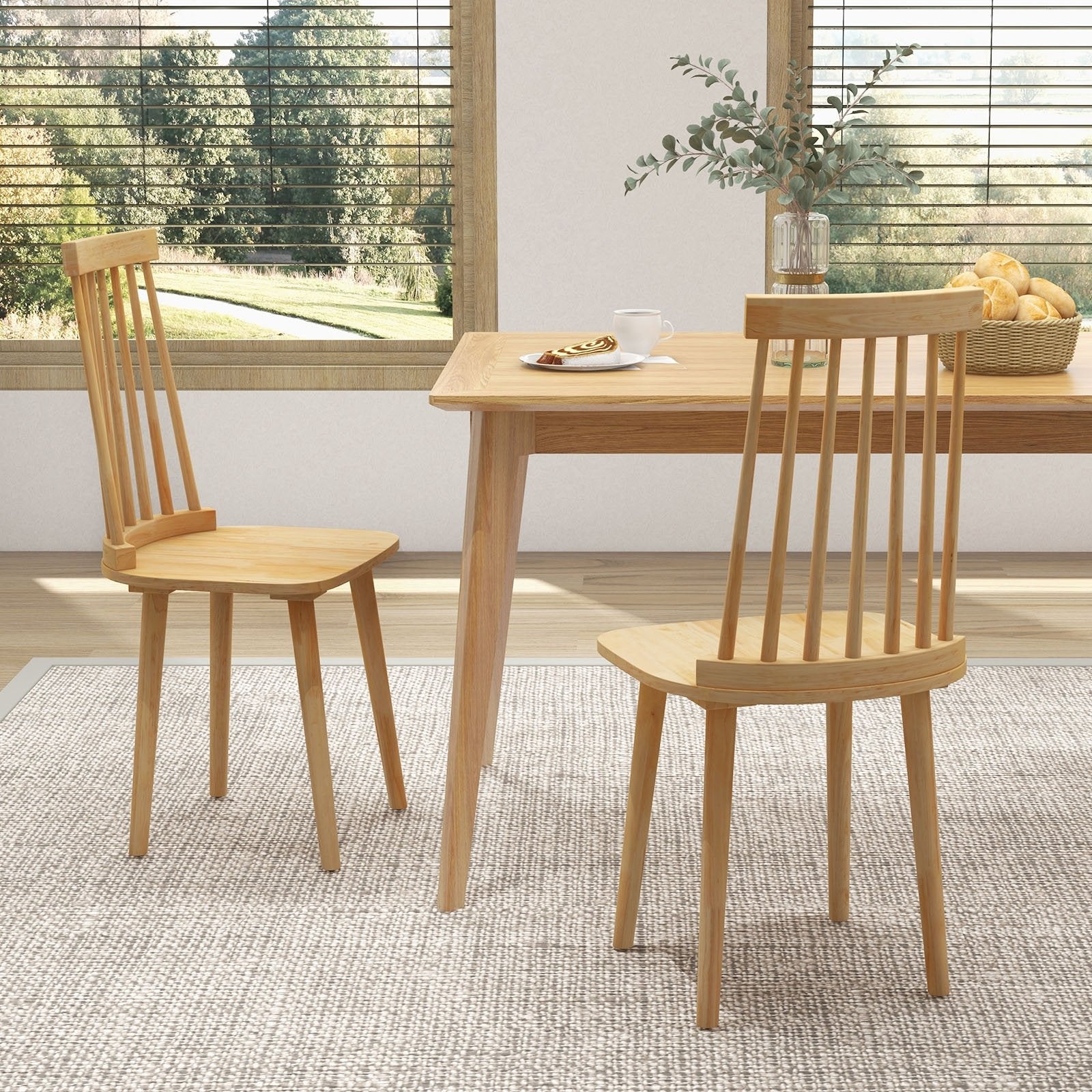 Windsor Dining Chairs Set of 2 with High Spindle Back and Natural Rubber Wood Legs for Dining Room Living Room, Natural Dining Chairs   at Gallery Canada