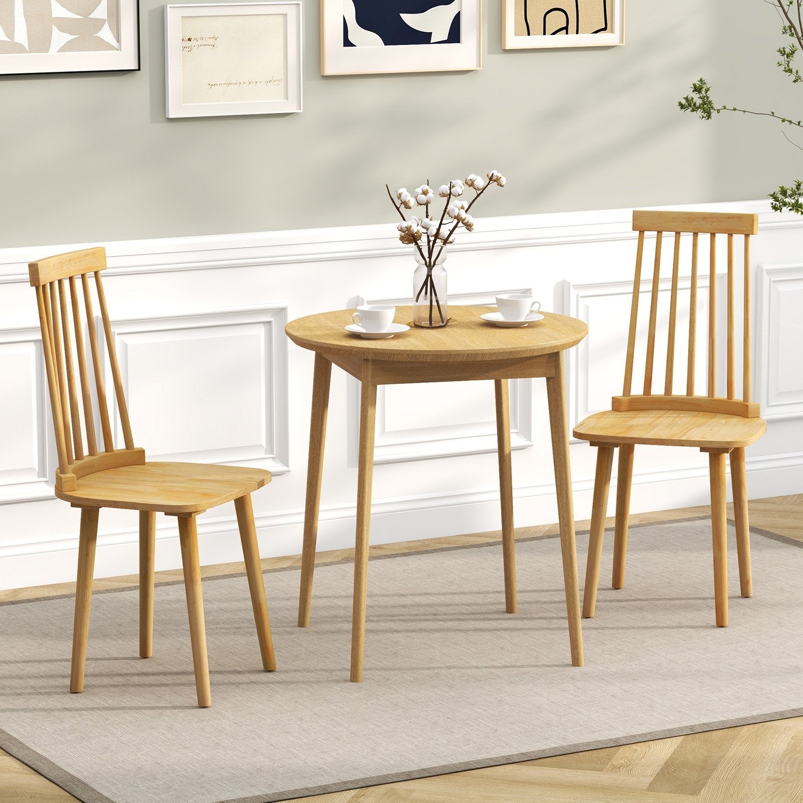 Windsor Dining Chairs Set of 2 with High Spindle Back and Natural Rubber Wood Legs for Dining Room Living Room, Natural Dining Chairs   at Gallery Canada