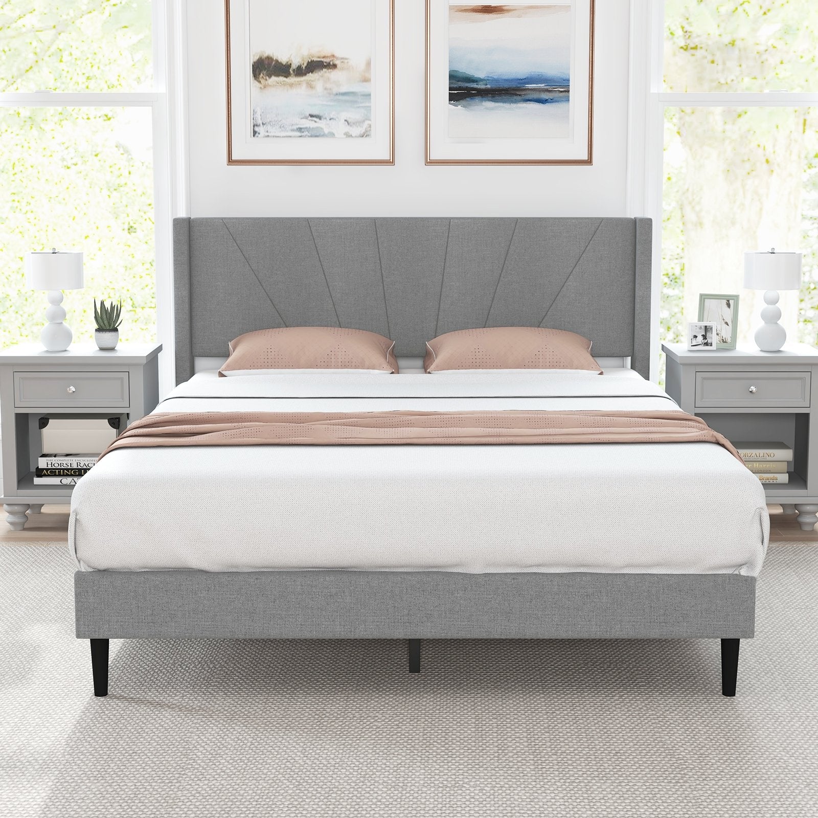 Twin/Queen Bed Frame with Linen Upholstered Wingback Headboard-Queen Size, Gray Simple Bed Frame   at Gallery Canada