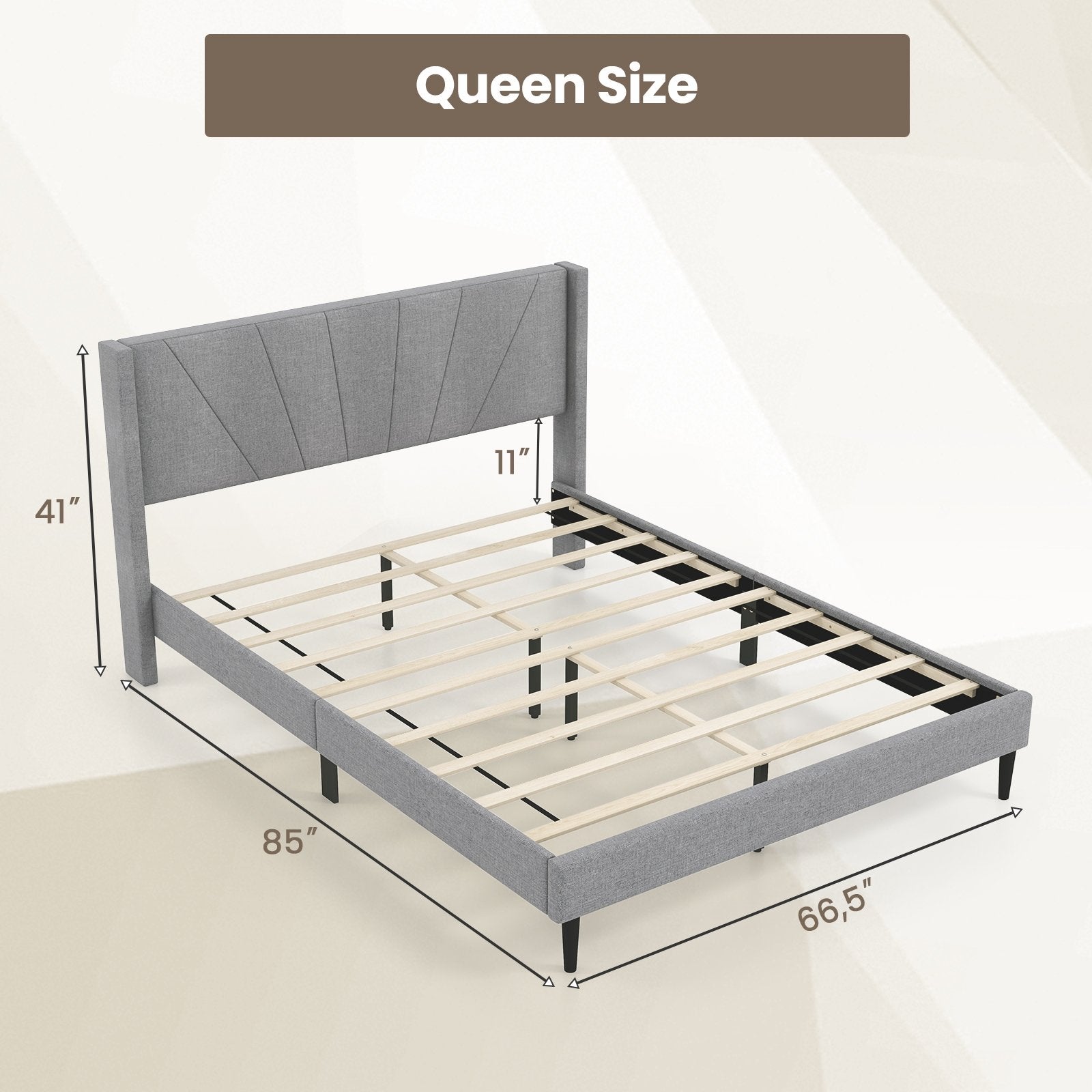 Twin/Queen Bed Frame with Linen Upholstered Wingback Headboard-Queen Size, Gray Simple Bed Frame   at Gallery Canada