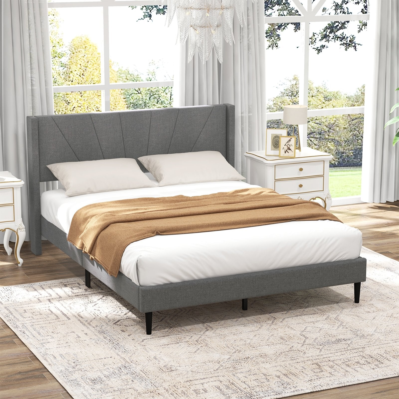 Twin/Queen Bed Frame with Linen Upholstered Wingback Headboard-Queen Size, Gray Simple Bed Frame   at Gallery Canada