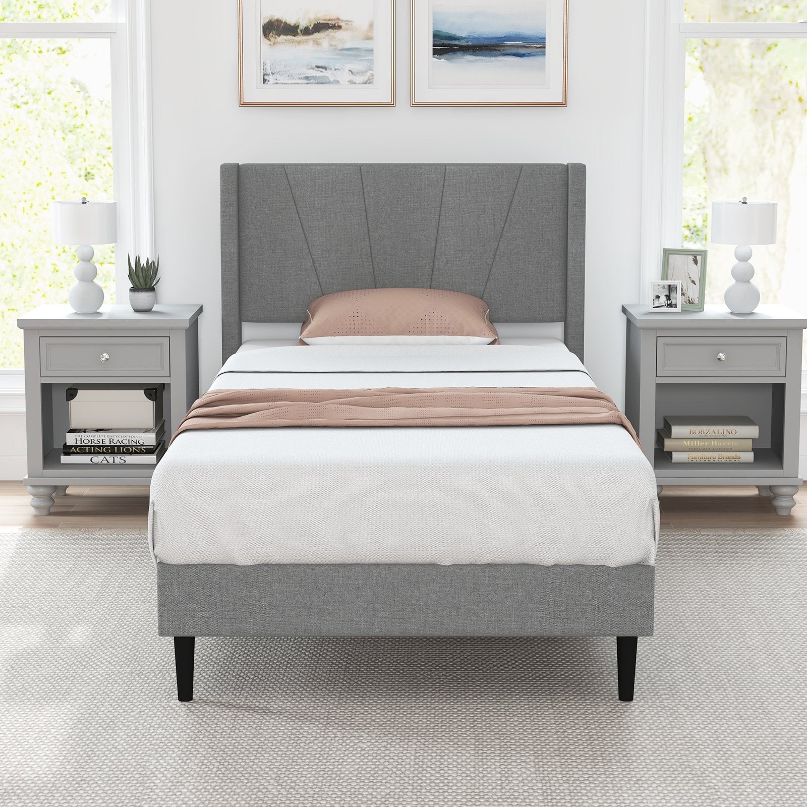 Twin/Queen Bed Frame with Linen Upholstered Wingback Headboard-Twin Size, Gray Simple Bed Frame   at Gallery Canada