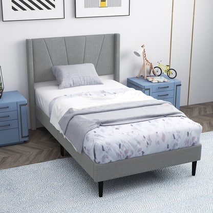 Twin/Queen Bed Frame with Linen Upholstered Wingback Headboard-Twin Size, Gray Simple Bed Frame   at Gallery Canada