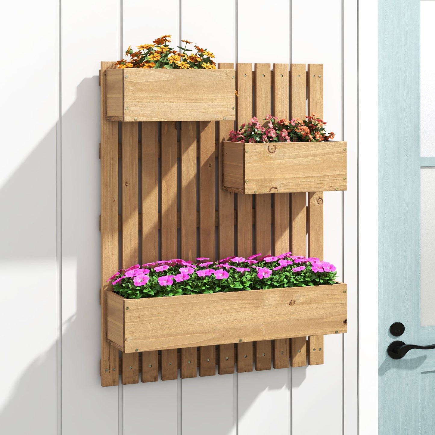 3-Box Wooden Raised Garden Bed with Trellises and Fabric Liners, Natural Plant Stands   at Gallery Canada