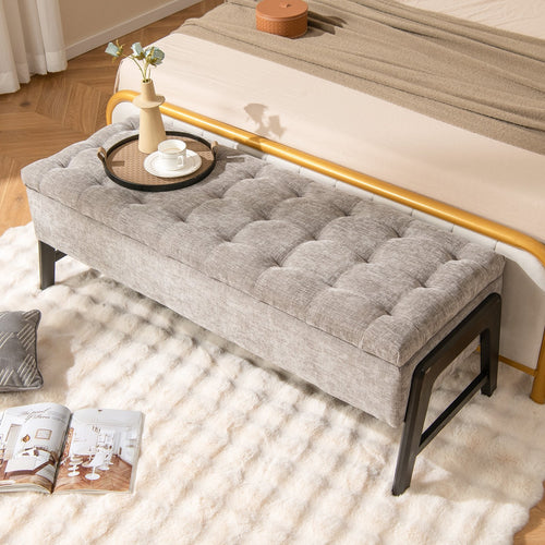 Modern Chenille Storage Bench with Solid Rubber Wood Legs, Gray