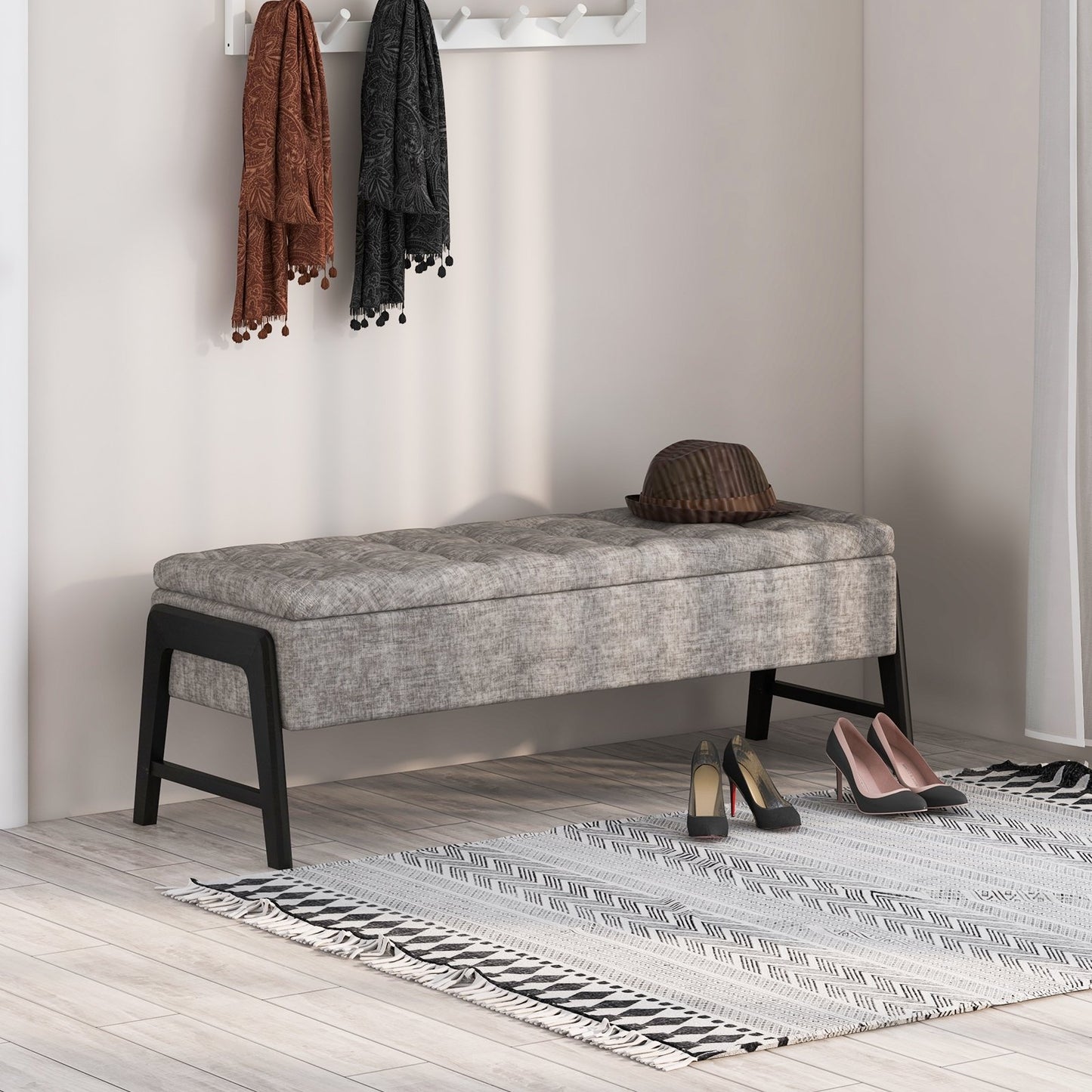 Modern Chenille Storage Bench with Solid Rubber Wood Legs, Gray Shoe Racks & Storage Benches   at Gallery Canada