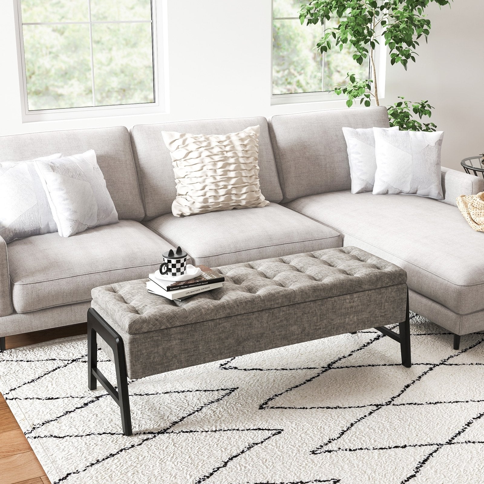 Modern Chenille Storage Bench with Solid Rubber Wood Legs, Gray Shoe Racks & Storage Benches   at Gallery Canada