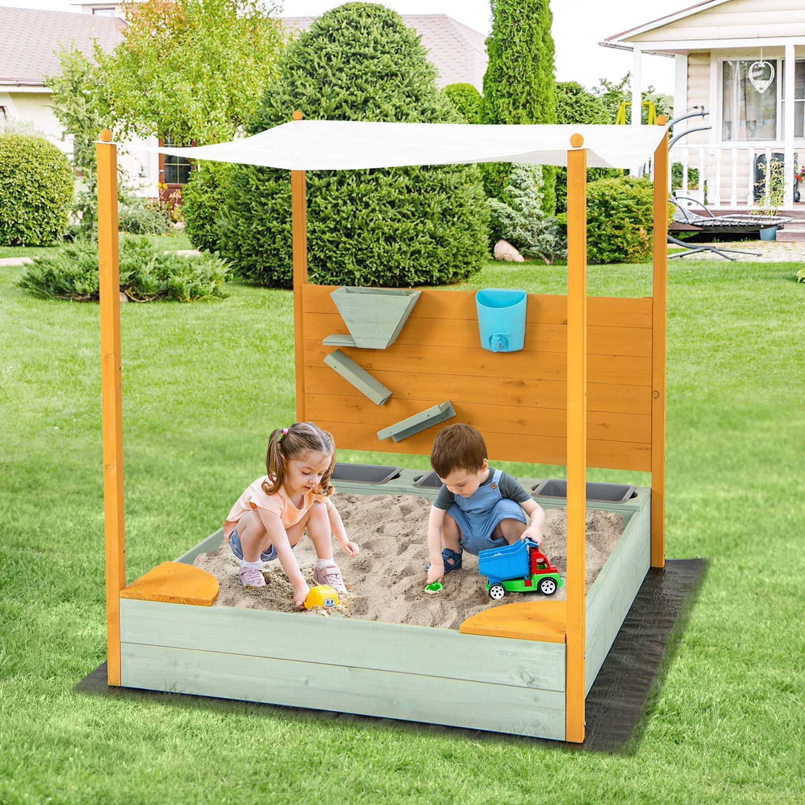 Kids Sandbox with Sand Wall w/ Removable Canopy for Kids 3-8 Years Old Sandboxes at Gallery Canada