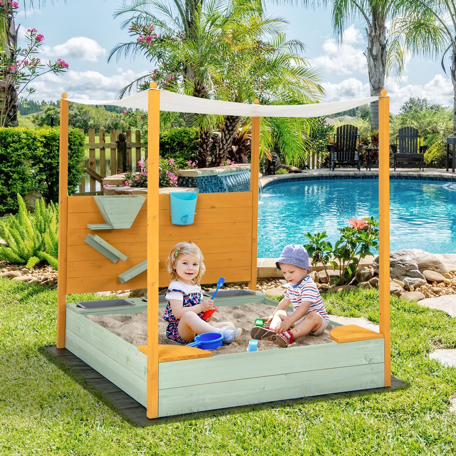 Kids Sandbox with Sand Wall w/ Removable Canopy for Kids 3-8 Years Old Sandboxes at Gallery Canada