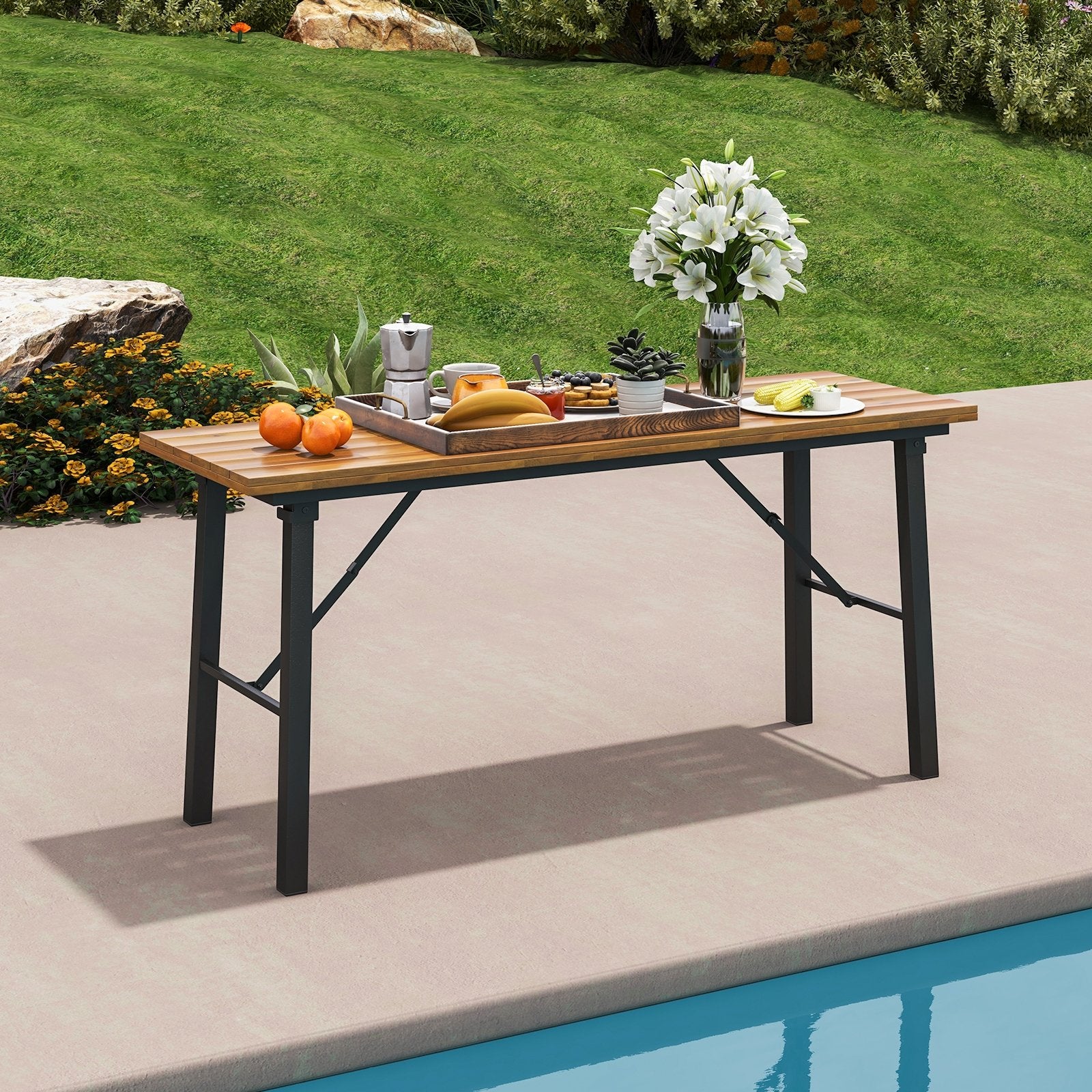 Folding Picnic Table Acacia Wood Dining Table with Metal Frame for Indoor Outdoor Activities Picnic Tables   at Gallery Canada