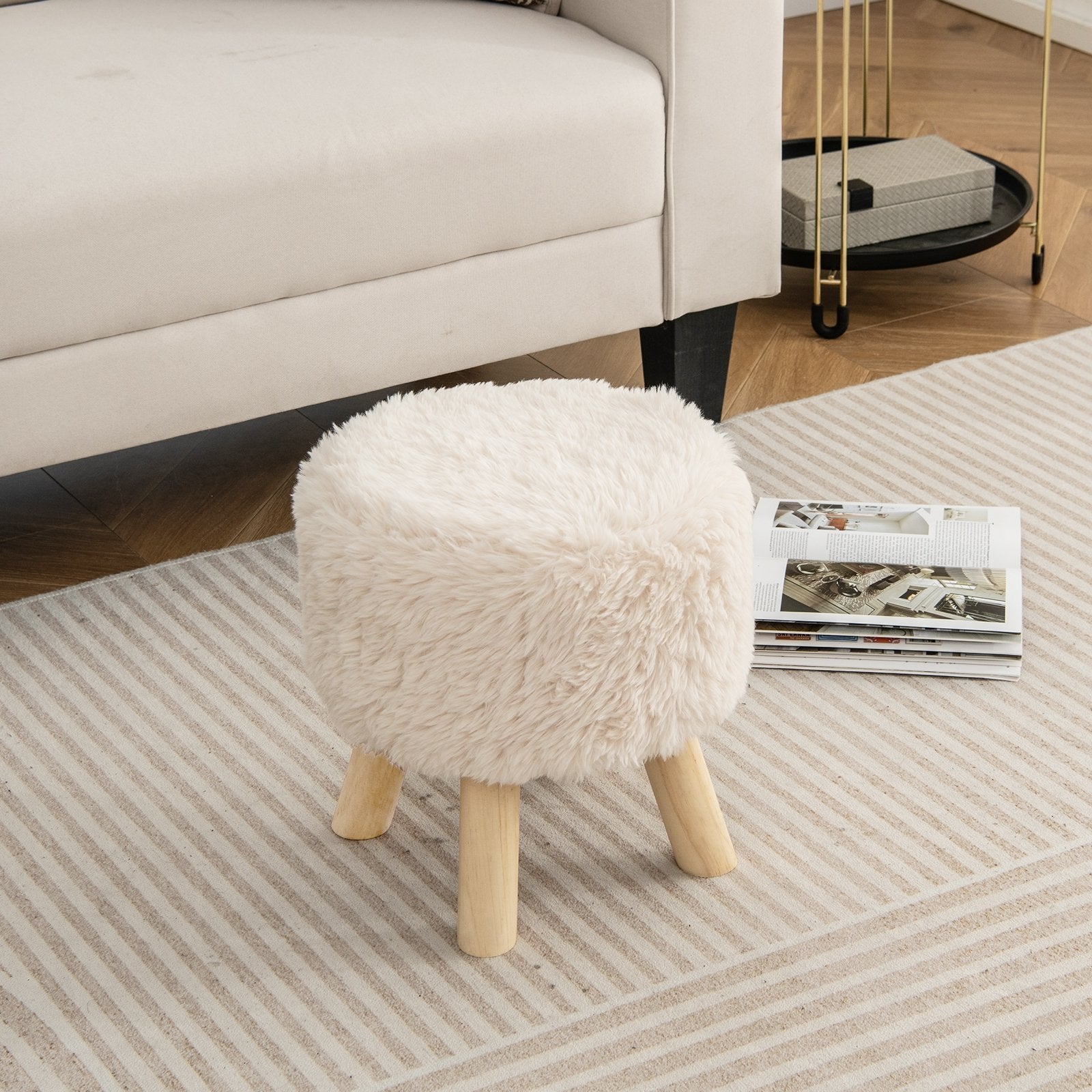 Round Footstool Ottoman Faux Fur Footrest with Padded Seat and Rubber Wood Legs, White Ottomans   at Gallery Canada