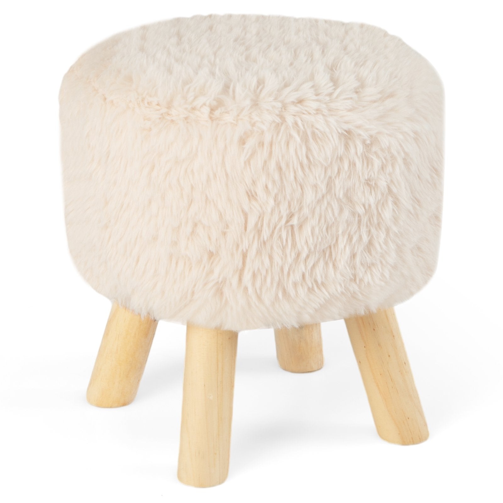 Round Footstool Ottoman Faux Fur Footrest with Padded Seat and Rubber Wood Legs, White Ottomans   at Gallery Canada