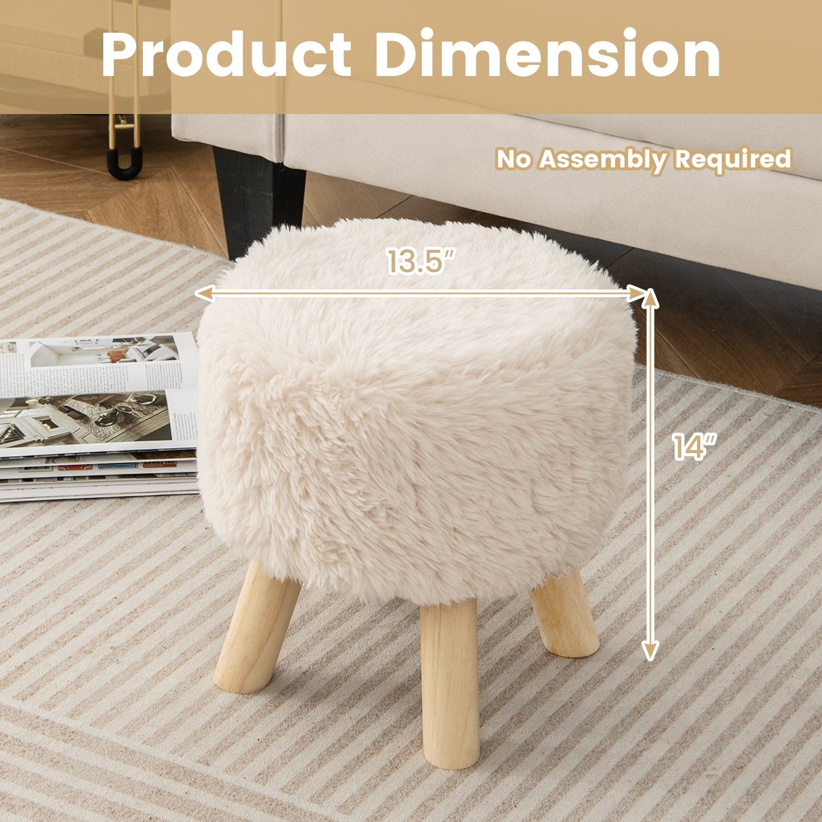 Round Footstool Ottoman Faux Fur Footrest with Padded Seat and Rubber Wood Legs, White Ottomans   at Gallery Canada