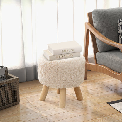 Round Footstool Ottoman Faux Fur Footrest with Padded Seat and Rubber Wood Legs, White Ottomans   at Gallery Canada