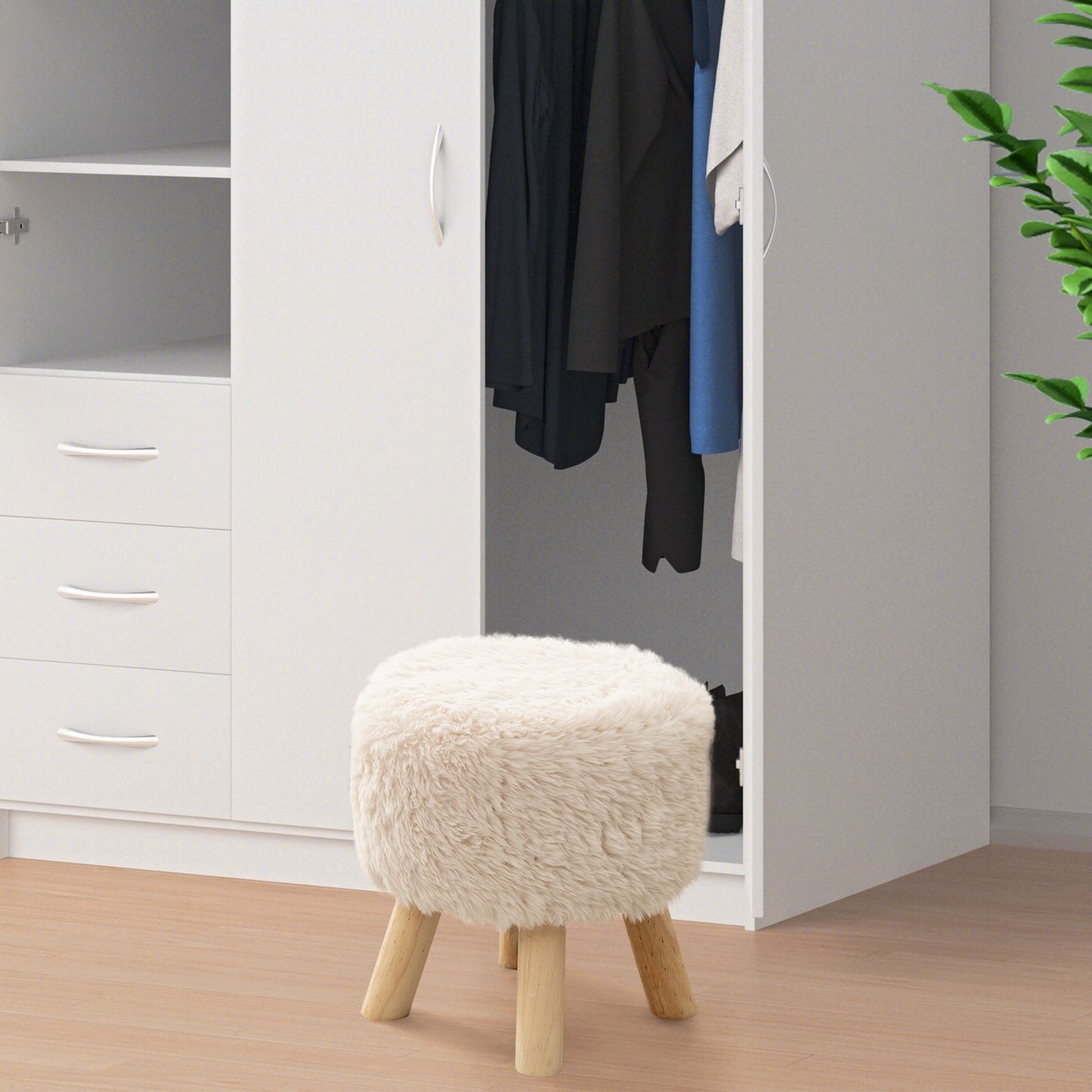 Round Footstool Ottoman Faux Fur Footrest with Padded Seat and Rubber Wood Legs, White Ottomans   at Gallery Canada