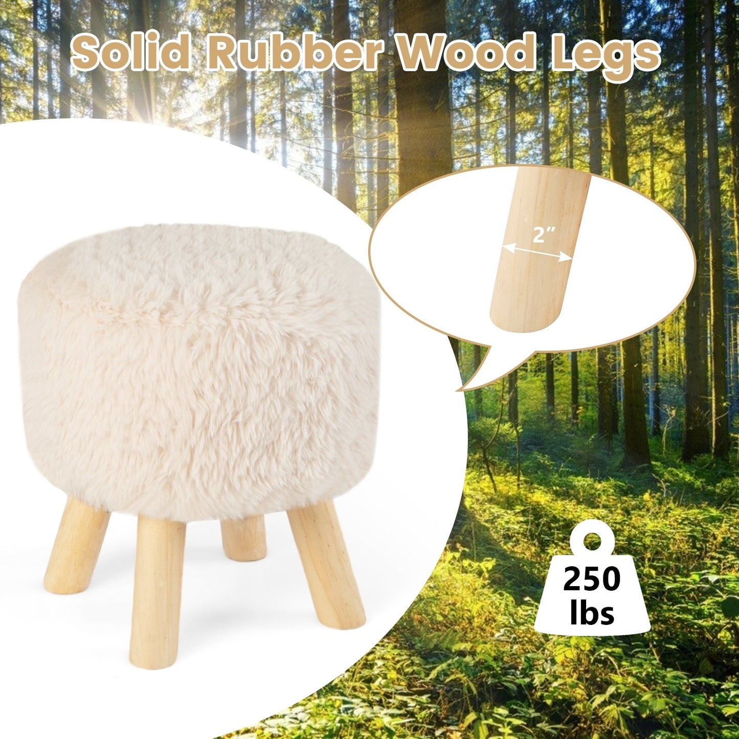 Round Footstool Ottoman Faux Fur Footrest with Padded Seat and Rubber Wood Legs, White Ottomans   at Gallery Canada