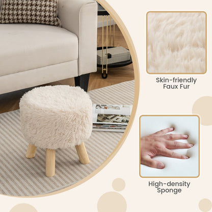 Round Footstool Ottoman Faux Fur Footrest with Padded Seat and Rubber Wood Legs, White Ottomans   at Gallery Canada