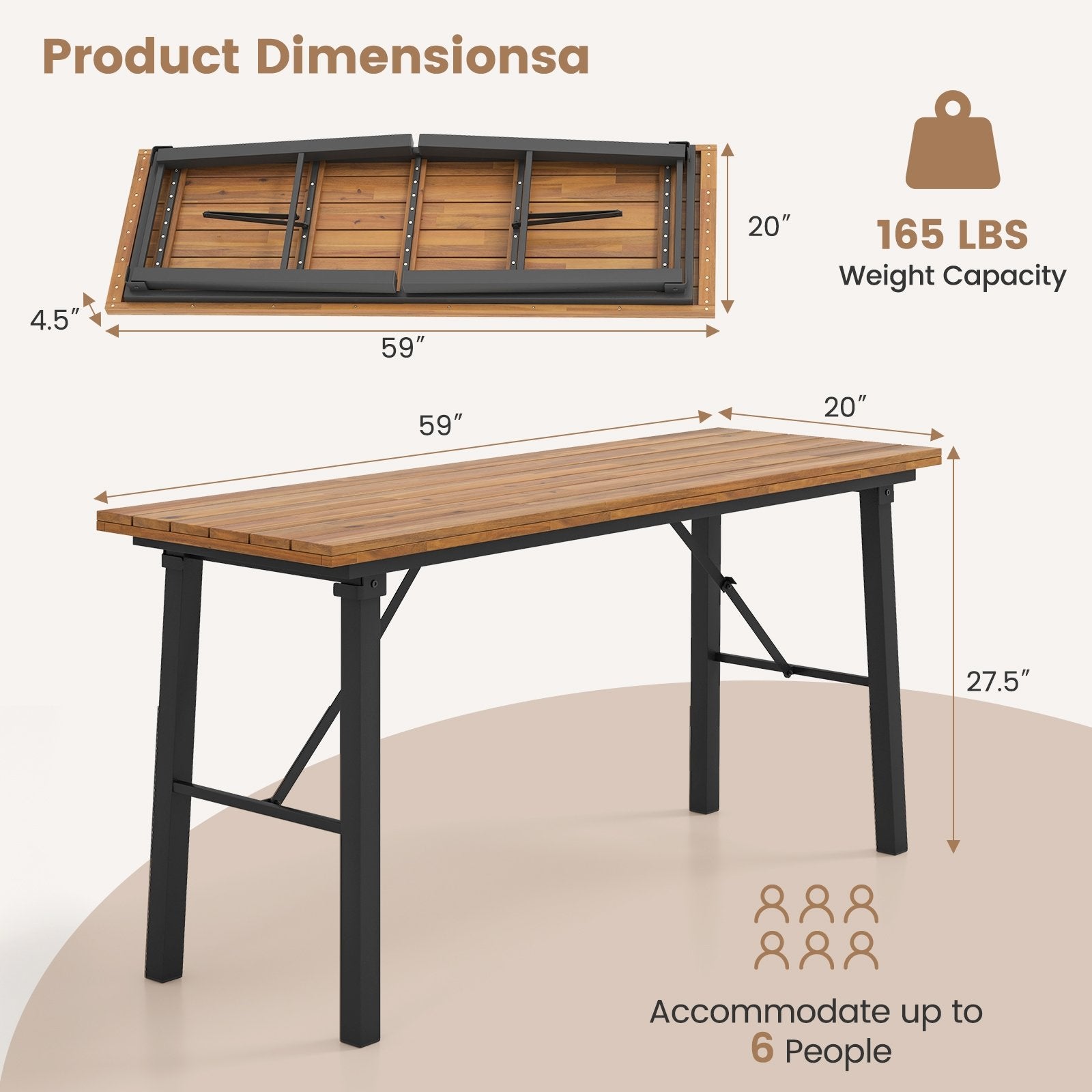 Folding Picnic Table Acacia Wood Dining Table with Metal Frame for Indoor Outdoor Activities Picnic Tables   at Gallery Canada