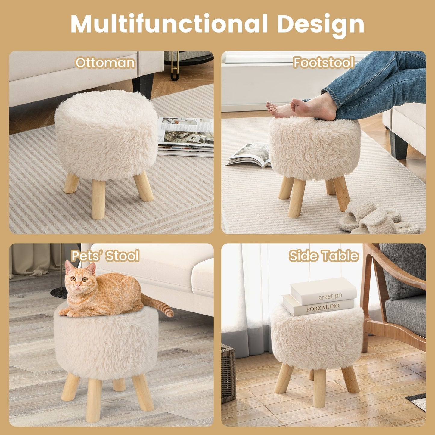 Round Footstool Ottoman Faux Fur Footrest with Padded Seat and Rubber Wood Legs, White Ottomans   at Gallery Canada