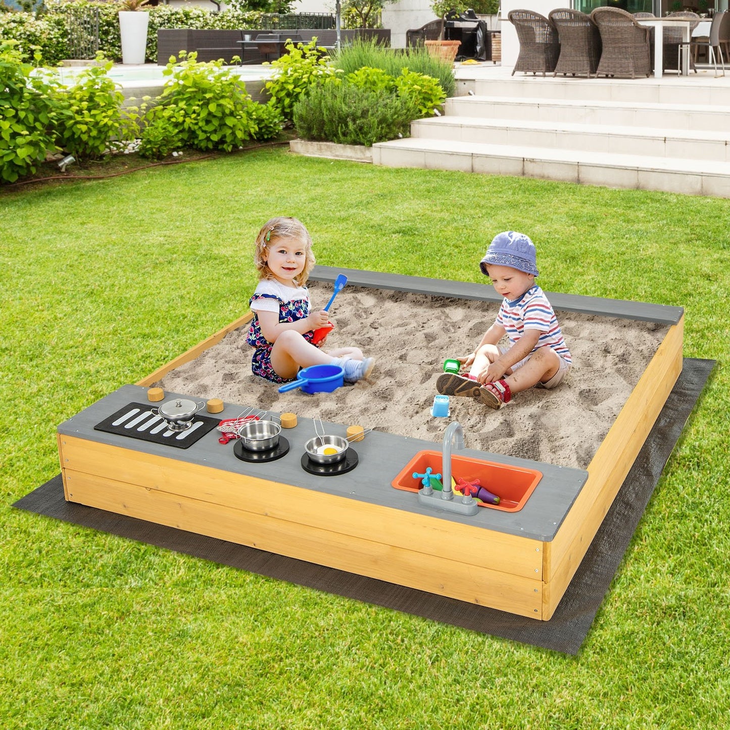 Wooden Sandbox Kids Sand Pit with Kitchen Playset Accessories for 3-8 Years Old, Natural Sandboxes   at Gallery Canada