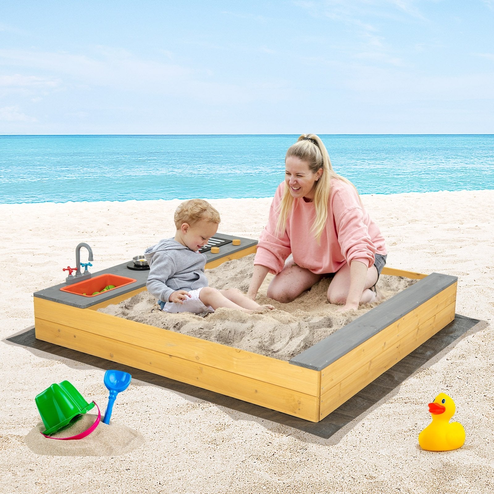 Wooden Sandbox Kids Sand Pit with Kitchen Playset Accessories for 3-8 Years Old, Natural Sandboxes   at Gallery Canada