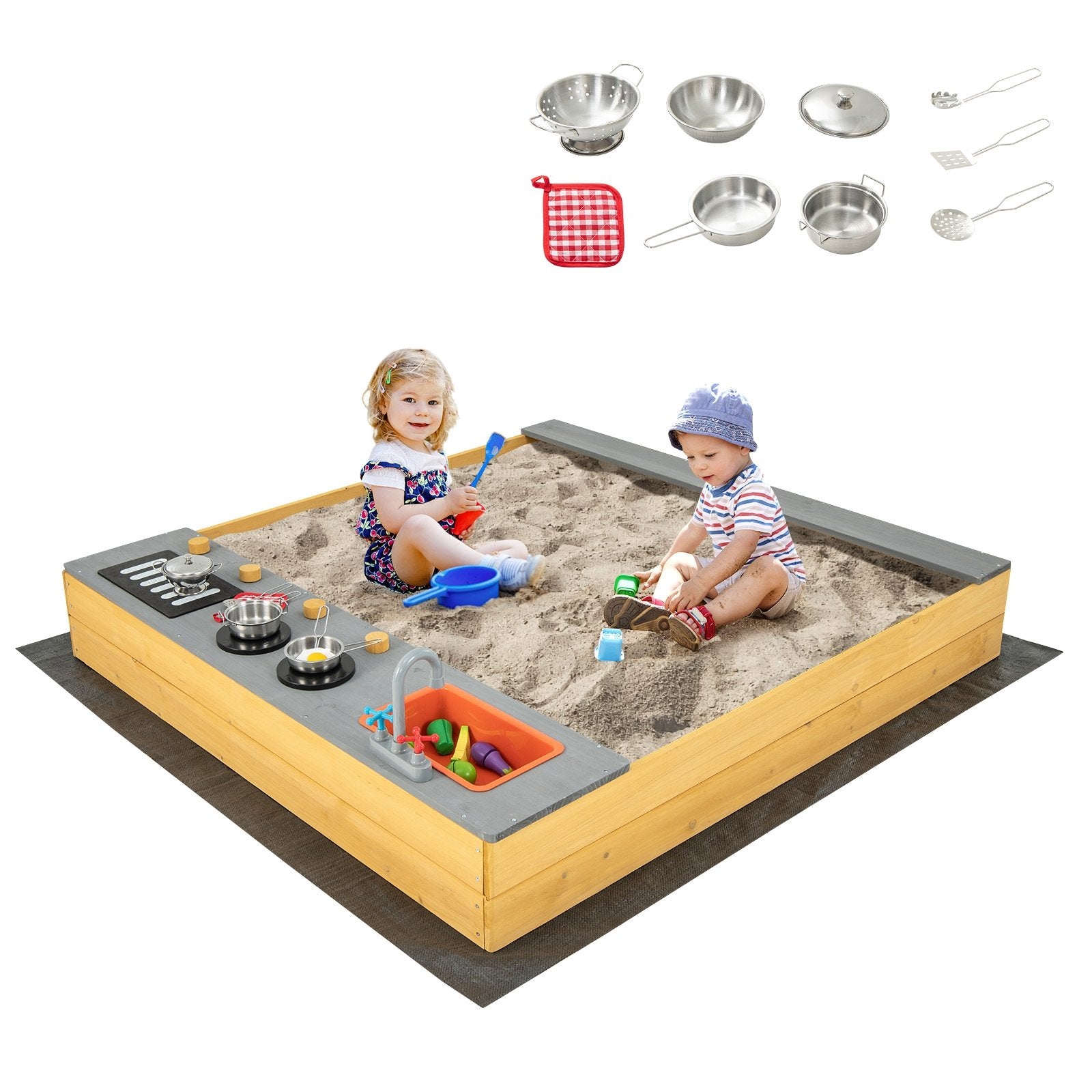 Wooden Sandbox Kids Sand Pit with Kitchen Playset Accessories for 3-8 Years Old, Natural Sandboxes   at Gallery Canada