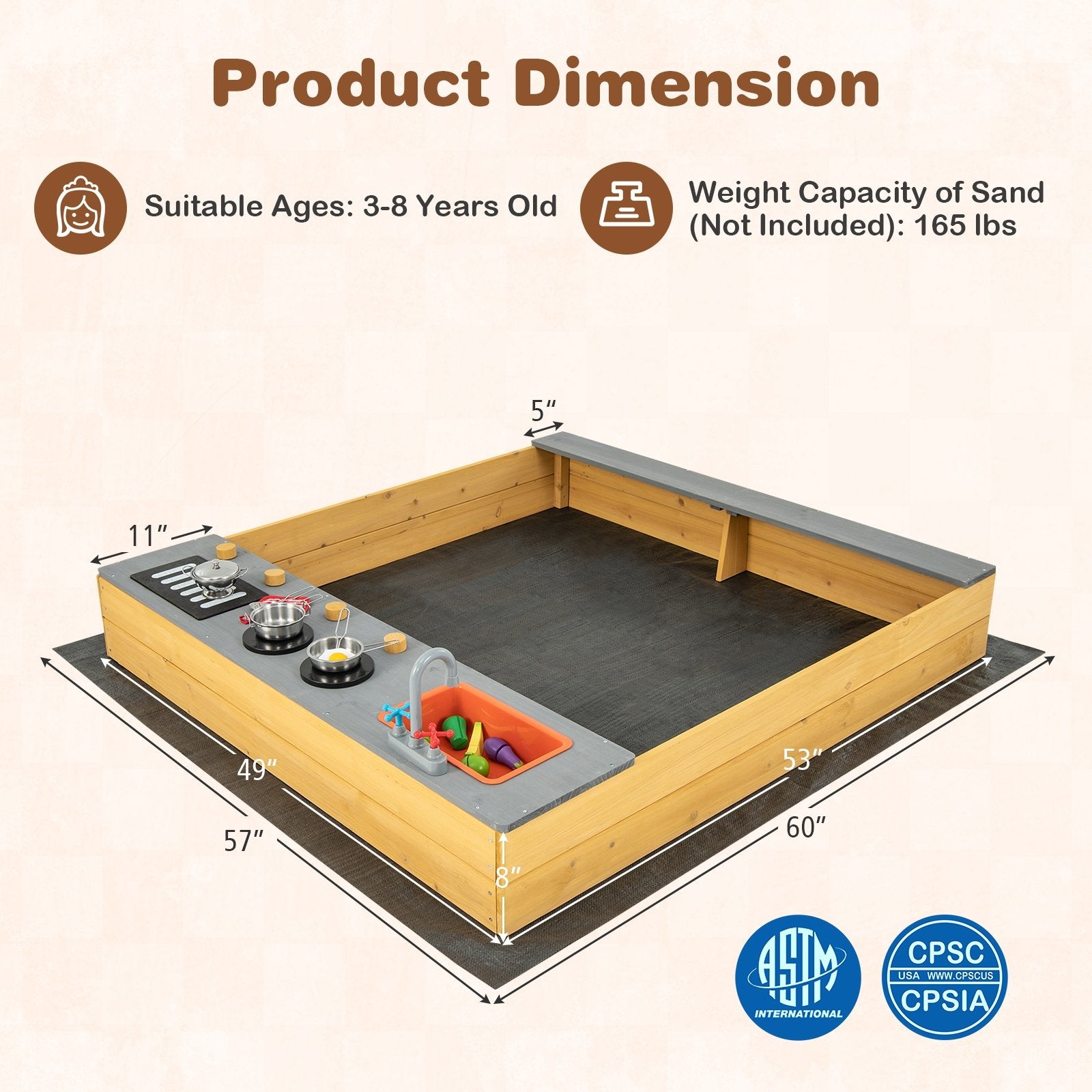 Wooden Sandbox Kids Sand Pit with Kitchen Playset Accessories for 3-8 Years Old, Natural Sandboxes   at Gallery Canada