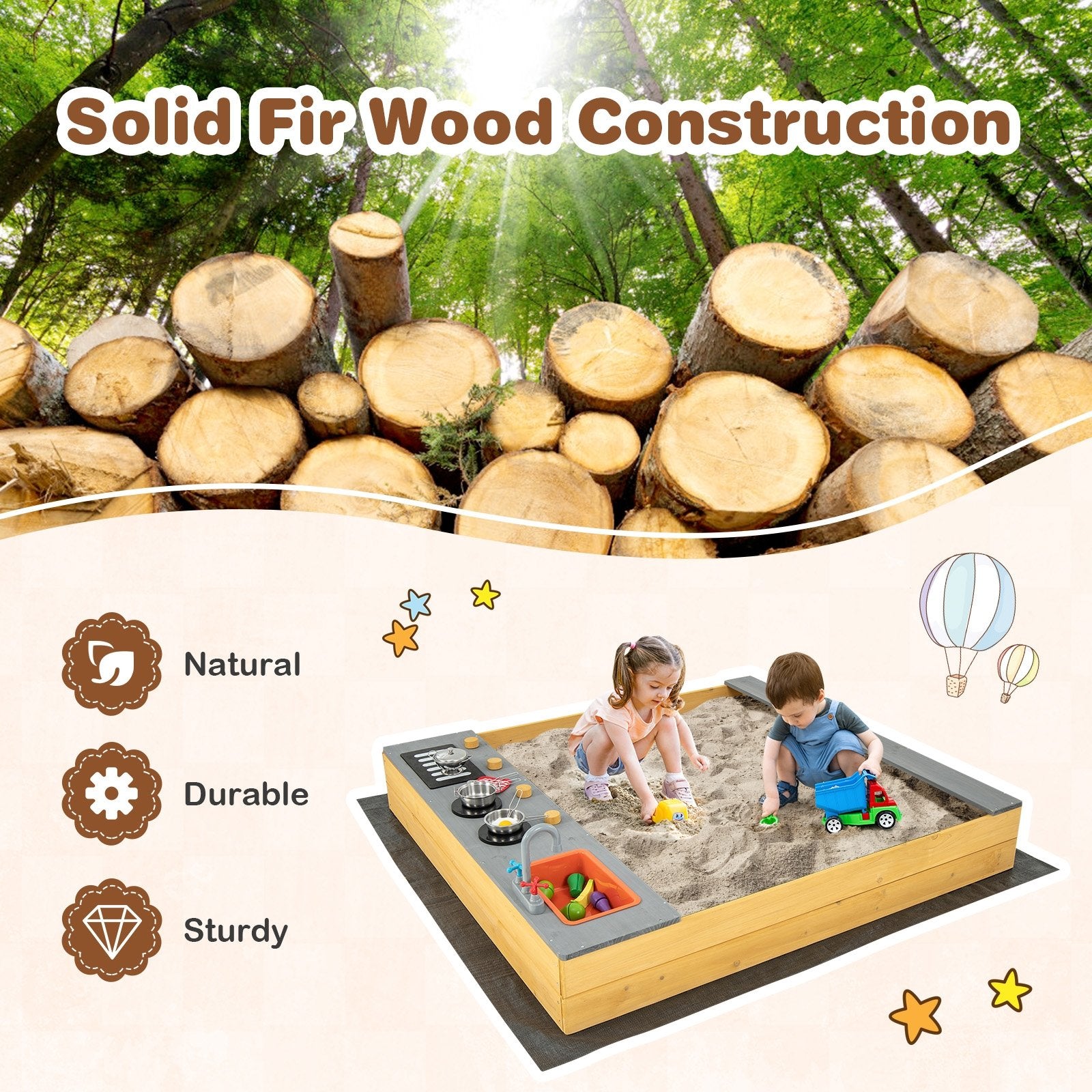 Wooden Sandbox Kids Sand Pit with Kitchen Playset Accessories for 3-8 Years Old, Natural Sandboxes   at Gallery Canada