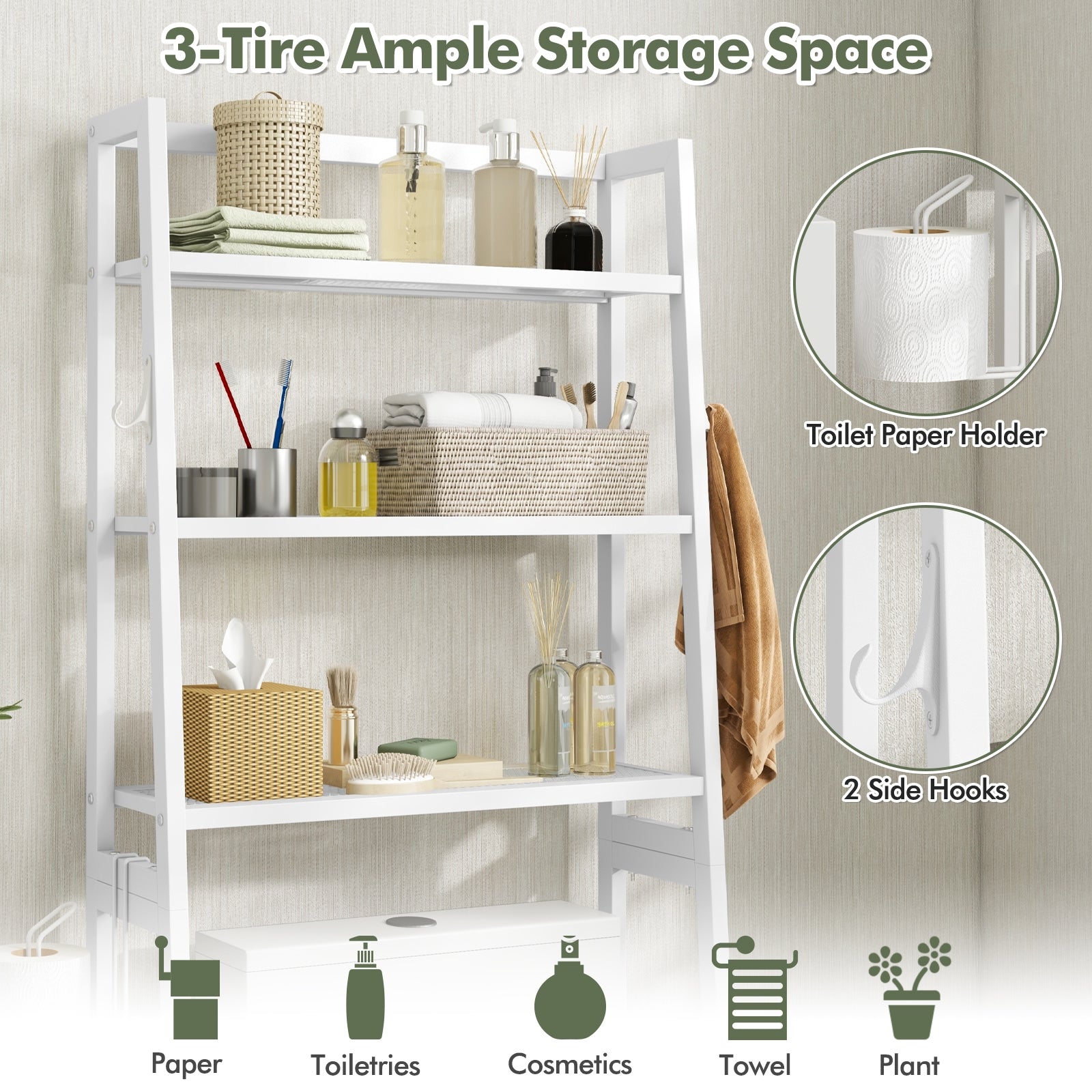 3-Tier Over The Toilet Storage Shelf with Adjustable Bottom Bar, White Bathroom Etagere at Gallery Canada