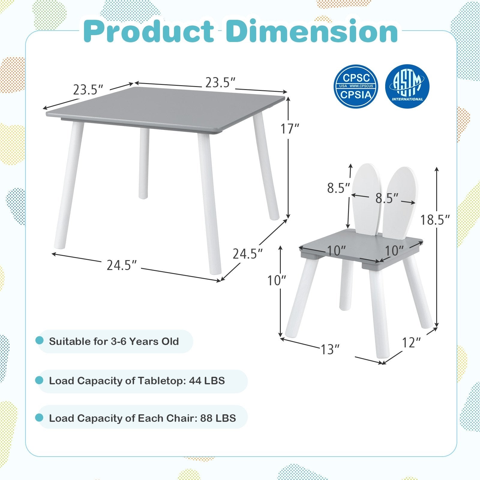 3 Pieces Kids Table and Chairs Set for Arts Crafts Snack Time, Gray Kids Table & Chair Sets   at Gallery Canada