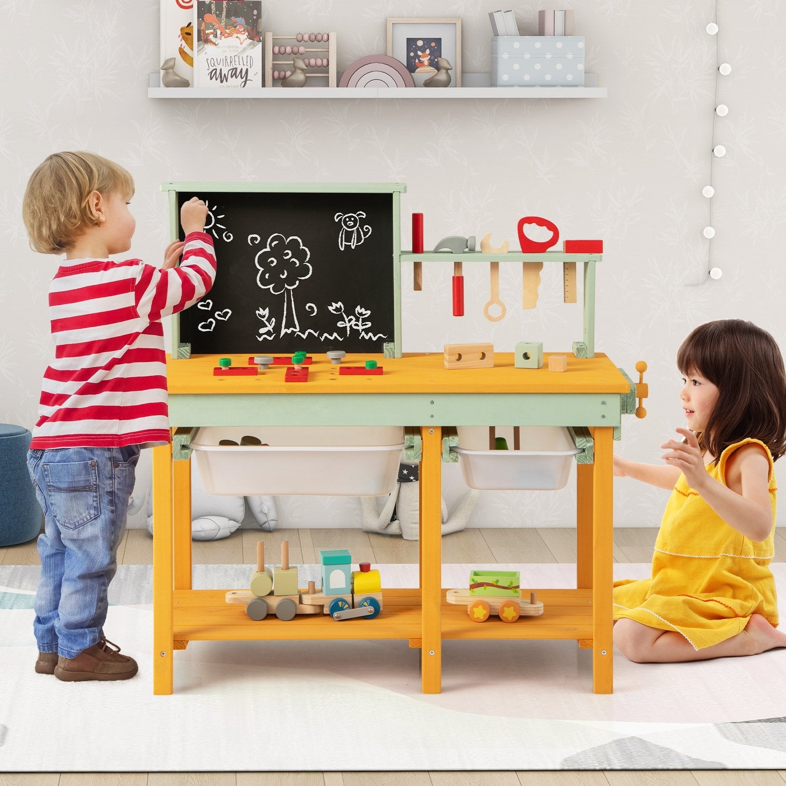 Kids Wooden Toy Workbench with Storage Space and Blackboard Play Kitchen Sets   at Gallery Canada