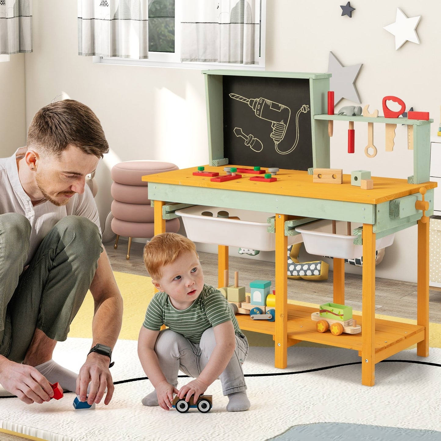 Kids Wooden Toy Workbench with Storage Space and Blackboard Play Kitchen Sets   at Gallery Canada