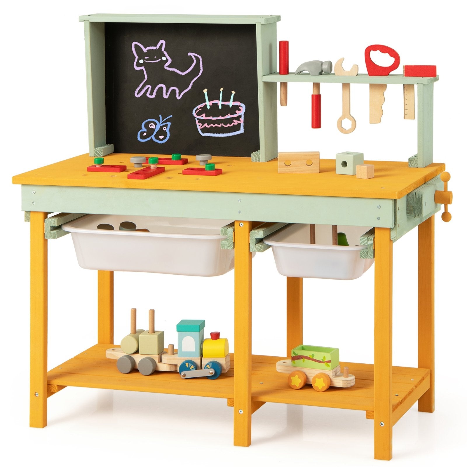 Kids Wooden Toy Workbench with Storage Space and Blackboard Play Kitchen Sets   at Gallery Canada