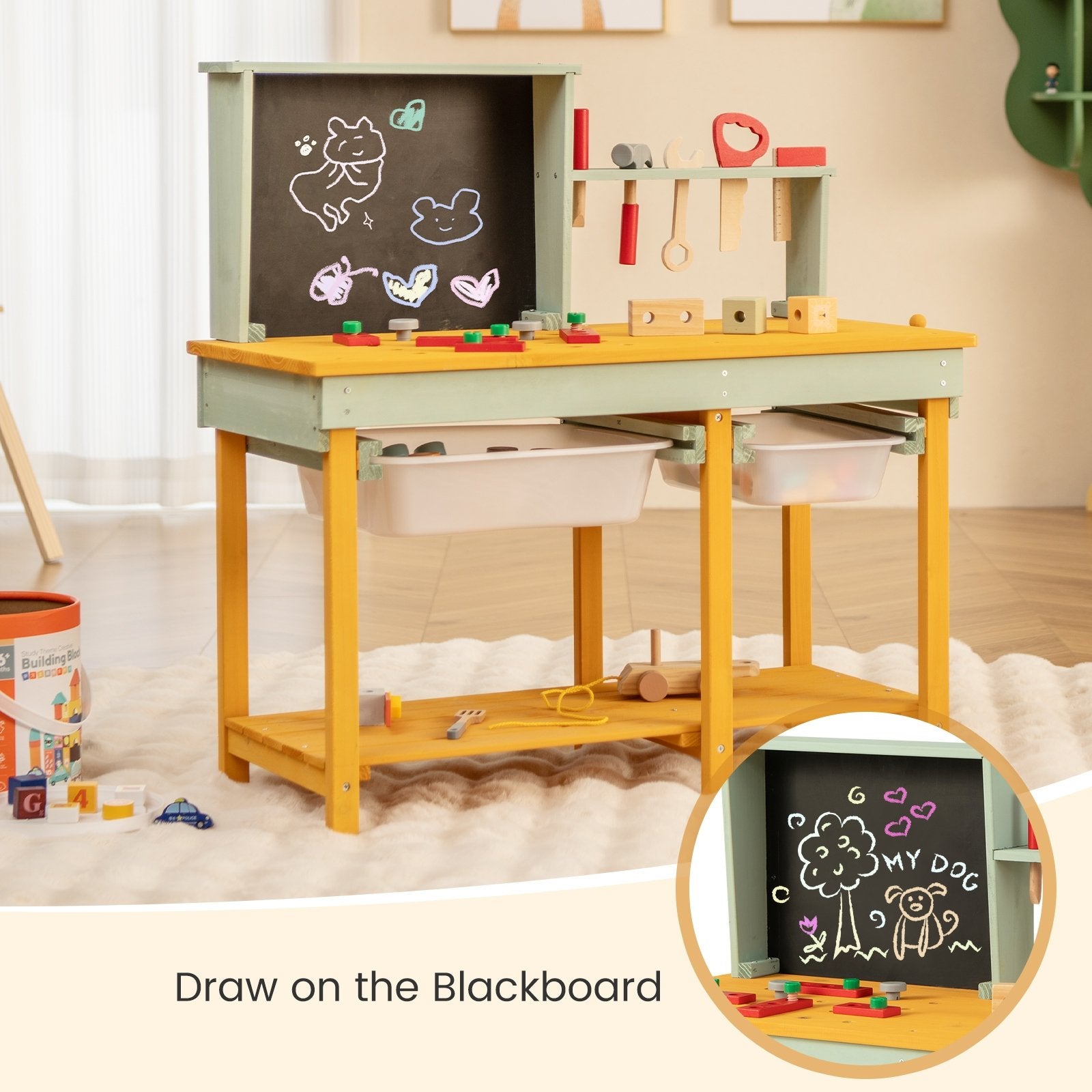 Kids Wooden Toy Workbench with Storage Space and Blackboard Play Kitchen Sets   at Gallery Canada