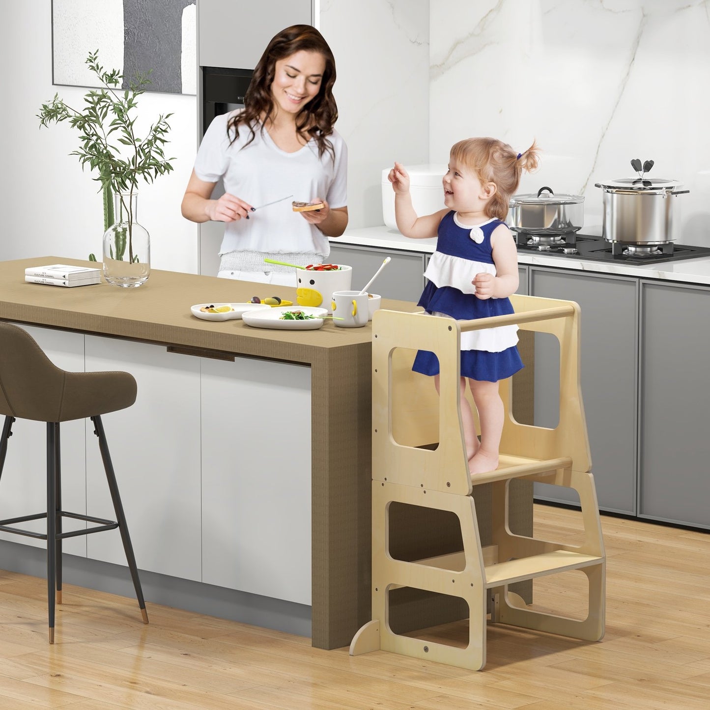 3-in-1 Foldable Kitchen Standing Tower for Toddlers with Chalkboard, Natural Toddler & Kids Furniture   at Gallery Canada