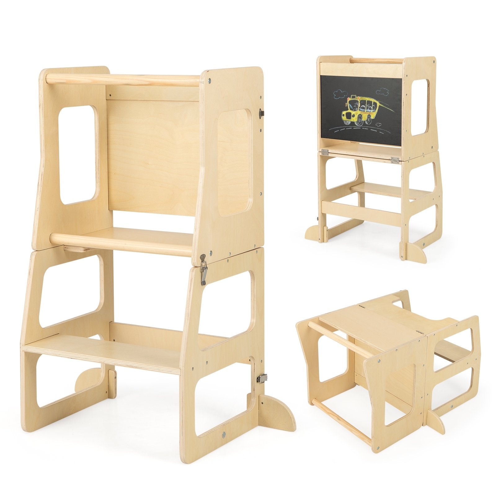 3-in-1 Foldable Kitchen Standing Tower for Toddlers with Chalkboard, Natural Toddler & Kids Furniture   at Gallery Canada