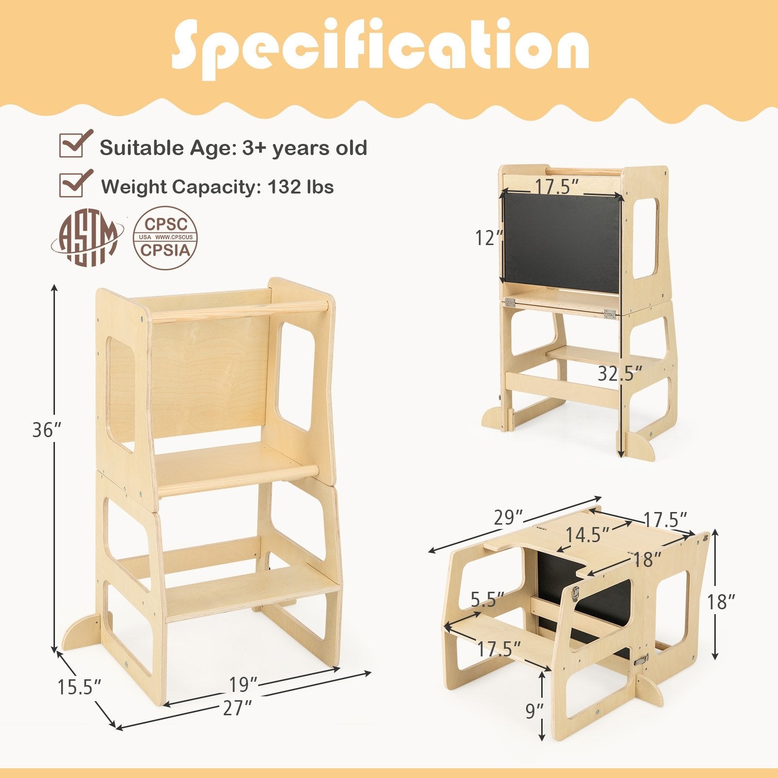 3-in-1 Foldable Kitchen Standing Tower for Toddlers with Chalkboard, Natural Toddler & Kids Furniture   at Gallery Canada