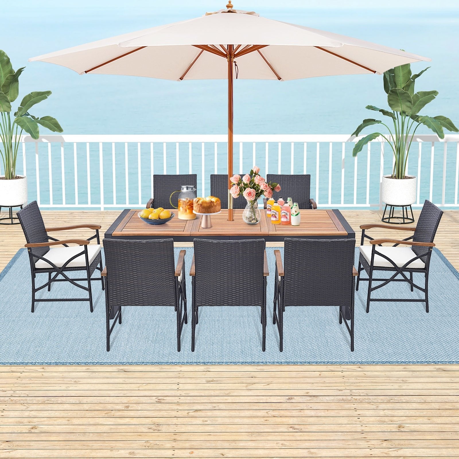 9 Pieces  Patio Rattan Dining Set with Acacia Wood Table for Backyard  Garden-X-side Handrail Patio Furniture Sets   at Gallery Canada