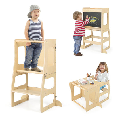 3-in-1 Foldable Kitchen Standing Tower for Toddlers with Chalkboard, Natural Toddler & Kids Furniture   at Gallery Canada