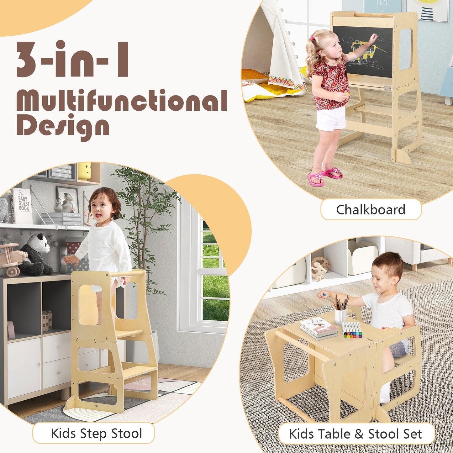 3-in-1 Foldable Kitchen Standing Tower for Toddlers with Chalkboard, Natural Toddler & Kids Furniture   at Gallery Canada